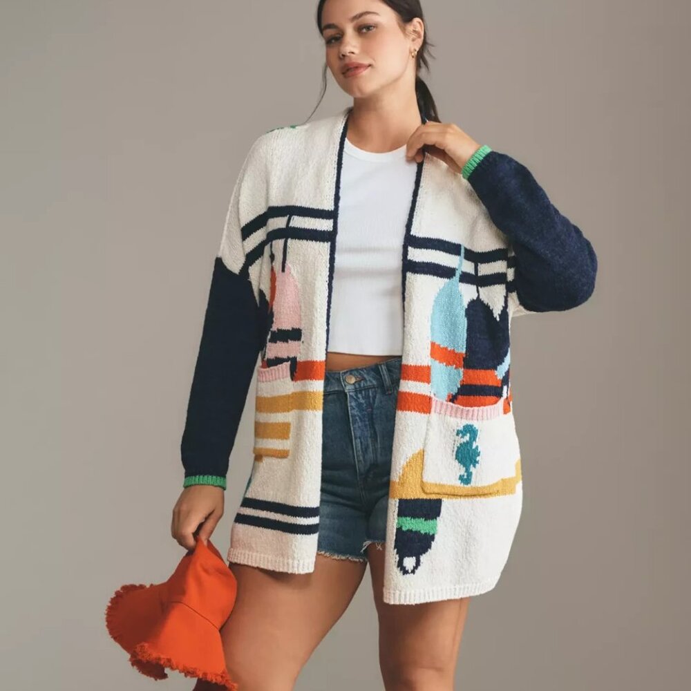 Anthropologie Maeve Nautical Buoy Cardigan Sweater Whale Seahorse L XL Petite - Picture 5 of 9